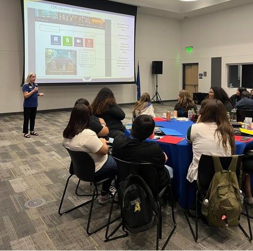 Librarian, Susan Gregg, presenting in front of the Summer Ac