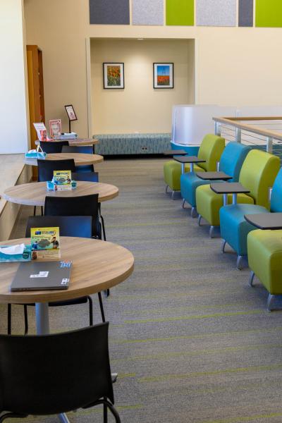 A photo of seating at the Henderson campus library
