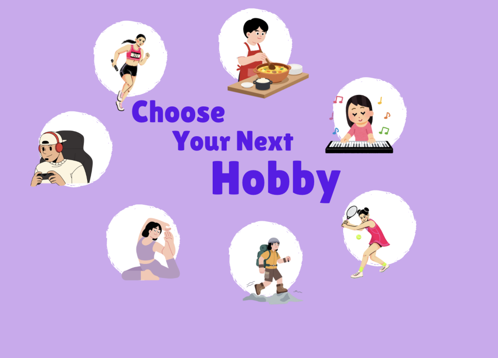 Image of several hobbies such as cooking, gaming, and running